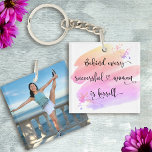 Successful Woman Pink Watercolor Typography Photo Keychain<br><div class="desc">“Behind every successful woman is herself.” So who needs Prince Charming? Make your own “happily ever after” and embrace “girl power” whenever you use this stylish, colorful inspirational feminist acrylic keychain with sweet black handwritten script typography overlaying a yellow, peach, pink and purple ombre watercolor splash and your special photo...</div>