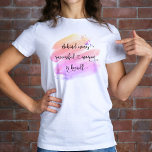 Successful Woman Quote Script Pink Watercolor Bold T-Shirt<br><div class="desc">“Behind every successful woman is herself.” So who needs Prince Charming? Make your own “happily ever after” and embrace “girl power” whenever you wear this stylish, colorful inspirational feminist t-shirt with sweet black handwritten script typography overlaying a yellow, peach, pink and purple ombre watercolor splash. You can easily personalize this...</div>