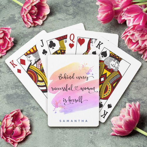 Successful Woman Quote Script Pink Watercolor Chic Poker Cards