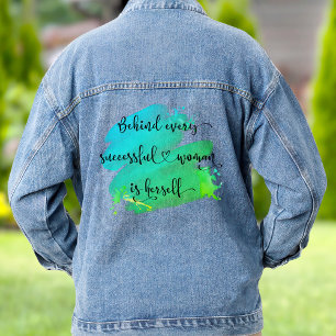 Successful Woman Quote Script Turquoise Watercolor Denim Jacket