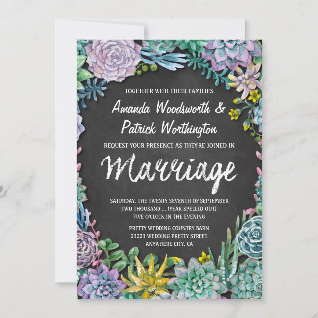 Succulent and Chalkboard Wedding Invitations (Front)