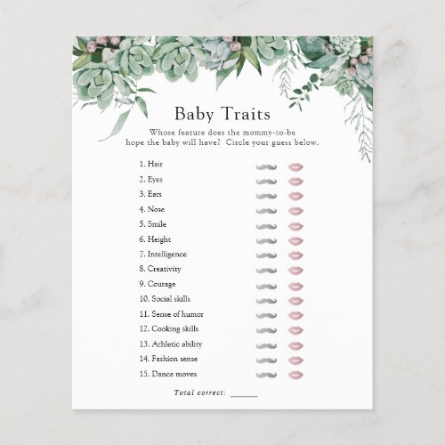 Succulent and Eucalyptus Baby Traits Shower Game