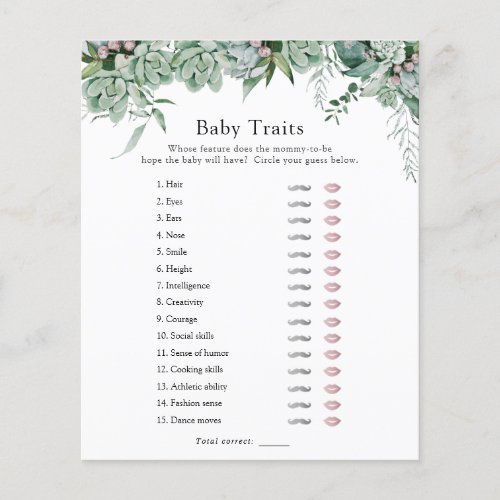 Succulent and Eucalyptus Baby Traits Shower Game