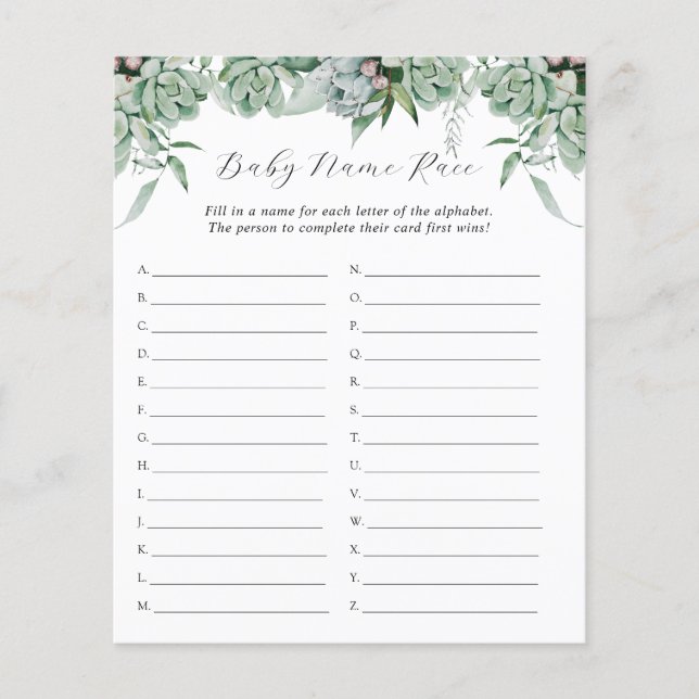 Succulent and Eucalyptus Greenery Baby Name Race (Front)