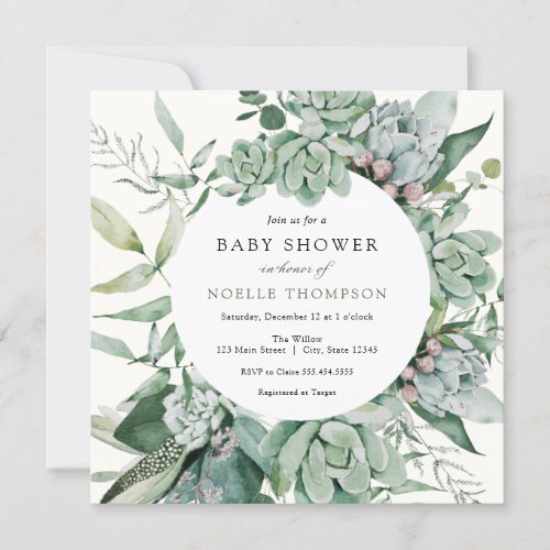 Succulent and Eucalyptus Greenery Baby Shower Invitation