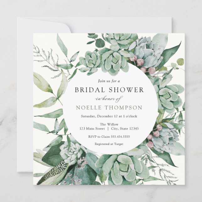 Succulent and Eucalyptus Greenery Bridal Shower Invitation (Front)