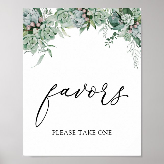 Succulent and Eucalyptus Greenery Favors Sign (Front)