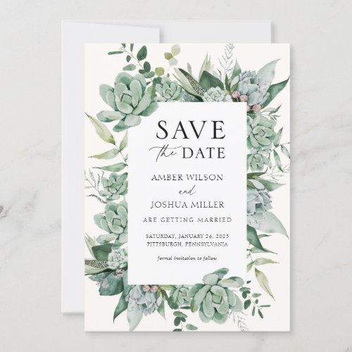 Succulent and Eucalyptus Wedding Save the Date Invitation