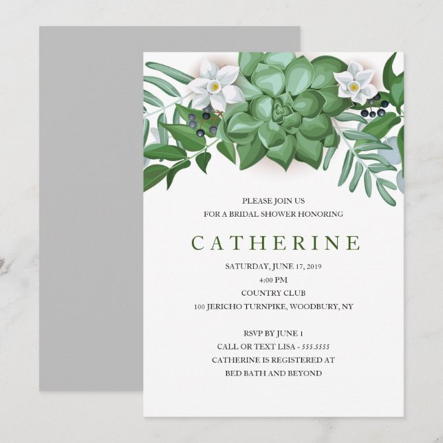 Succulent and floral Bridal Shower Invitation (Front/Back)