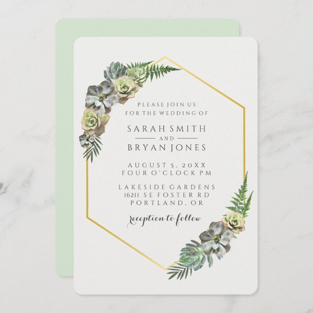 Succulent and Gold Geometric Wedding Invitation (Front/Back)