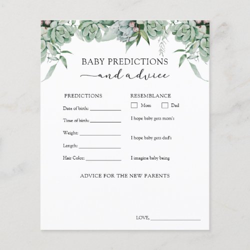 Succulent Baby Advice and Predictions Card