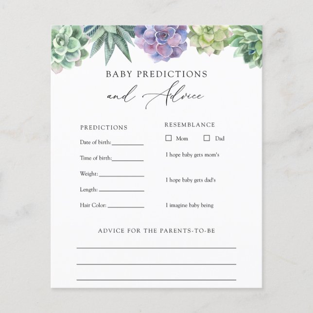 Succulent Baby Advice and Predictions Card (Front)