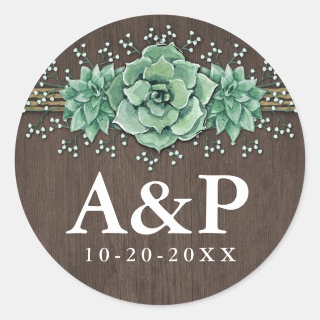Succulent Baby's Breath Rustic Wedding Favors Classic Round Sticker (Front)
