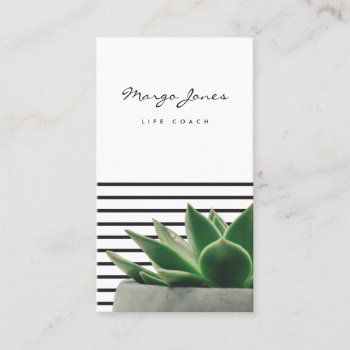 Succulent Black And White Stripes Business Card by emilymarydesigns at Zazzle