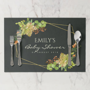 SUCCULENT BLACK KRAFT CUTE WATERCOLOR BABY SHOWER PAPER PLACEMAT