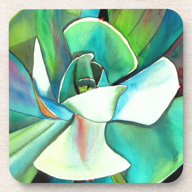 Succulent blue and green desert watercolour art coaster (Front)