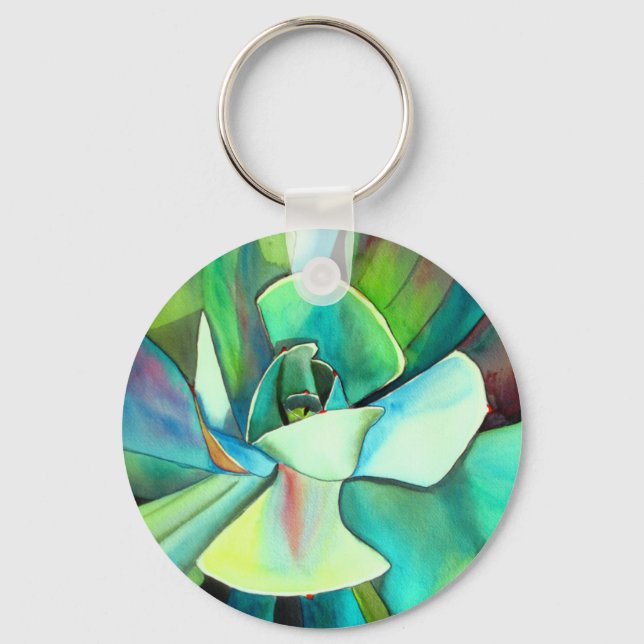 Succulent blue and green desert watercolour art keychain (Front)