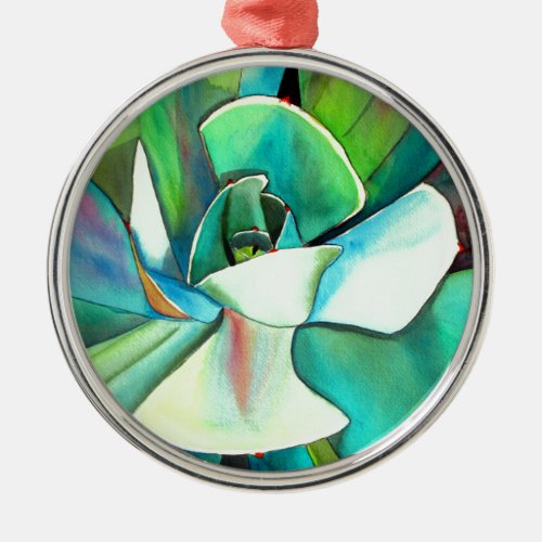 Succulent blue and green desert watercolour art metal ornament