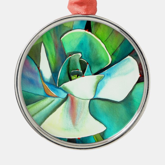 Succulent blue and green desert watercolour art metal ornament (Front)