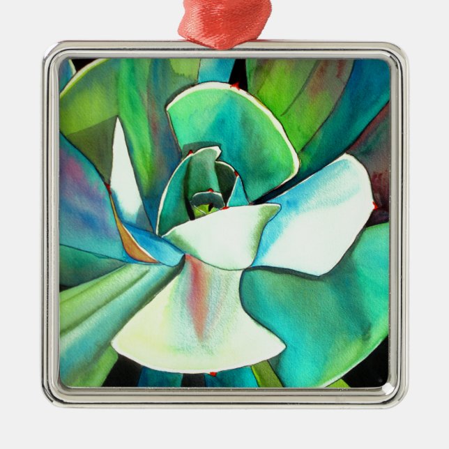 Succulent blue and green desert watercolour art metal ornament (Front)