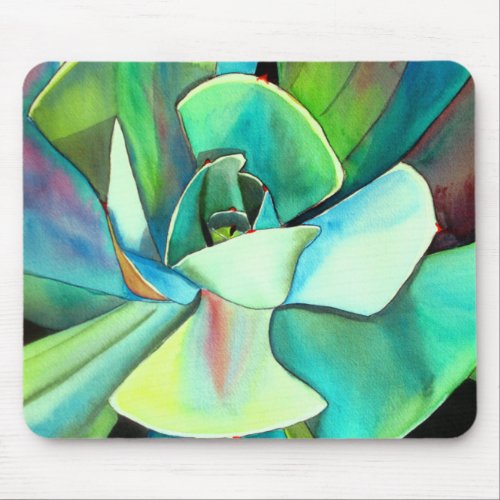 Succulent blue and green desert watercolour art mouse pad