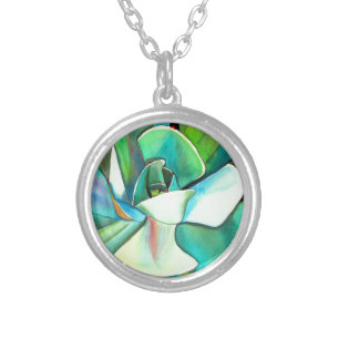 Succulent blue and green desert watercolour art silver plated necklace