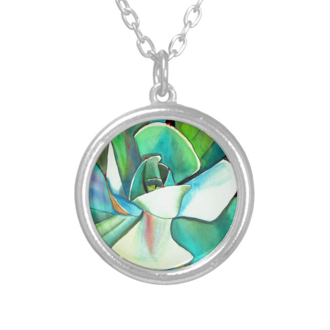 Succulent blue and green desert watercolour art silver plated necklace (Front)