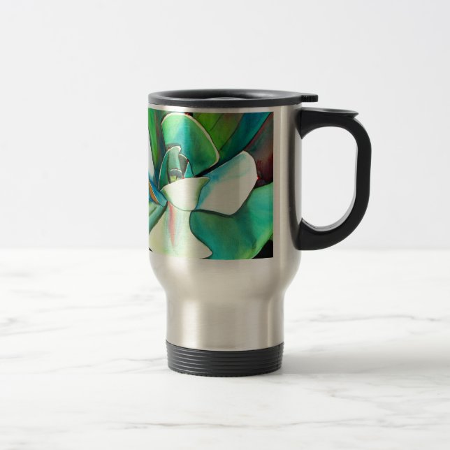 Succulent blue and green desert watercolour art travel mug (Right)