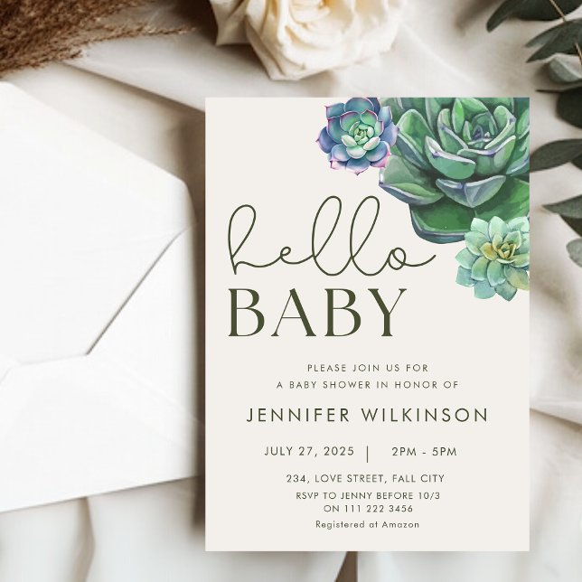 Succulent Botanical Desert Hello Baby Shower  Invitation (Succulent Botanical Desert Hello Baby Shower Invitation)