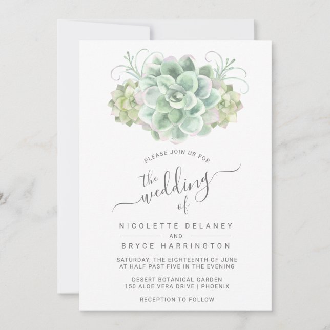 Succulent Botanical Green Bouquet Wedding Invitation (Front)