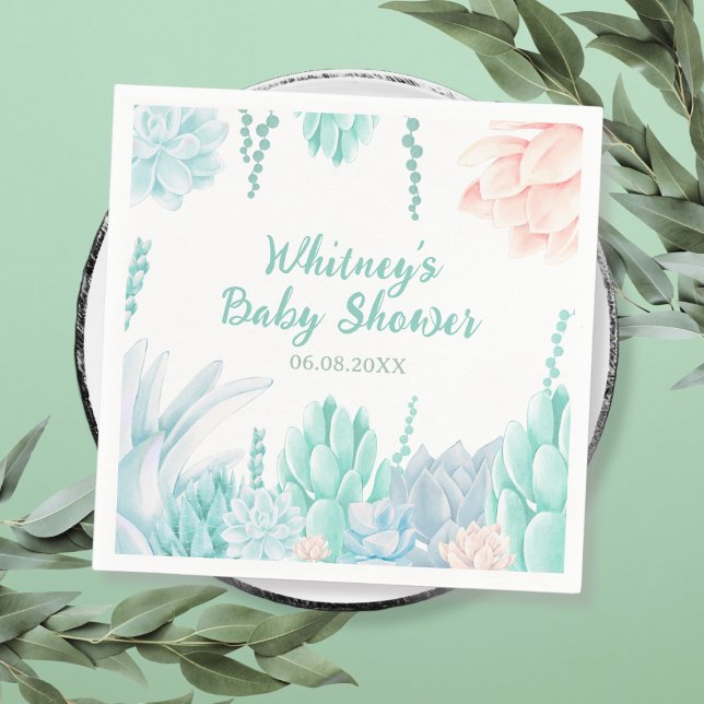 Succulent Botanical Watercolor Boy Baby Shower Napkins (Succulent Botanical Watercolor Boy Baby Shower Napkins)