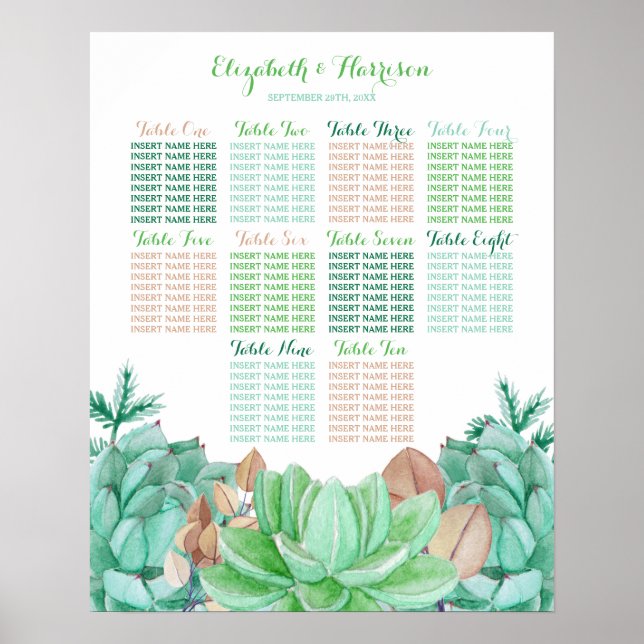 Succulent Bouquet Botanical Floral Wedding Seating Poster (Front)