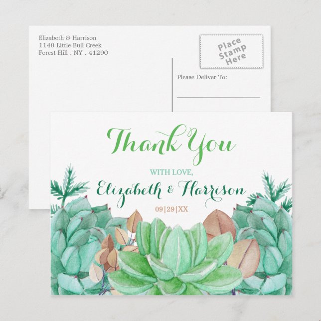 Succulent Bouquet Botanical Floral Wedding Thanks Postcard (Front/Back)