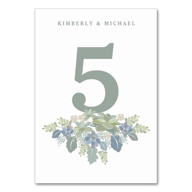 Succulent Bouquet Floral Wedding Table Number Card