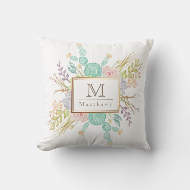 Succulent Bouquet Watercolor | Initial Throw Pillow (Front)