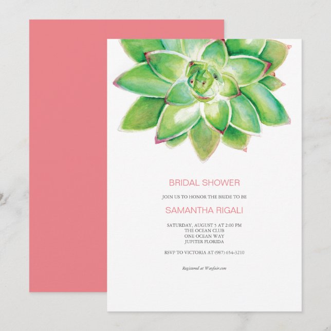 Succulent Bridal Shower Invitation, Watercolor Inv Invitation (Front/Back)