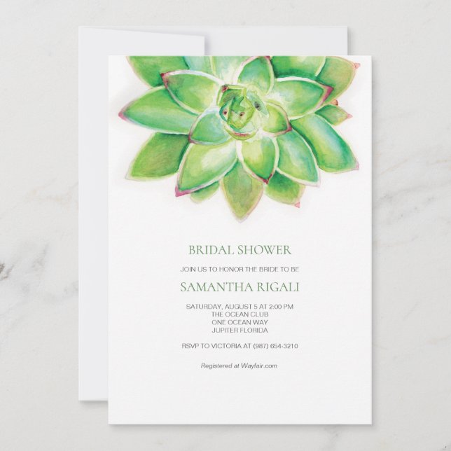 Succulent Bridal Shower Invitation, Watercolor Invitation (Front)