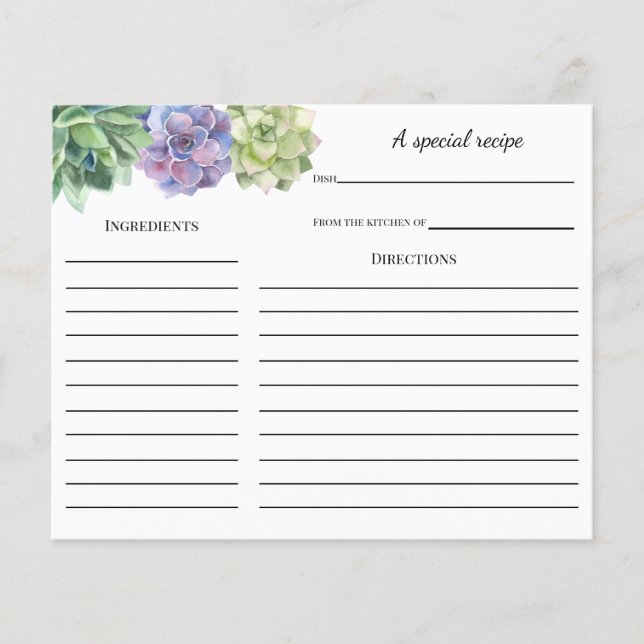 Succulent Bridal Shower Recipe card (Front)