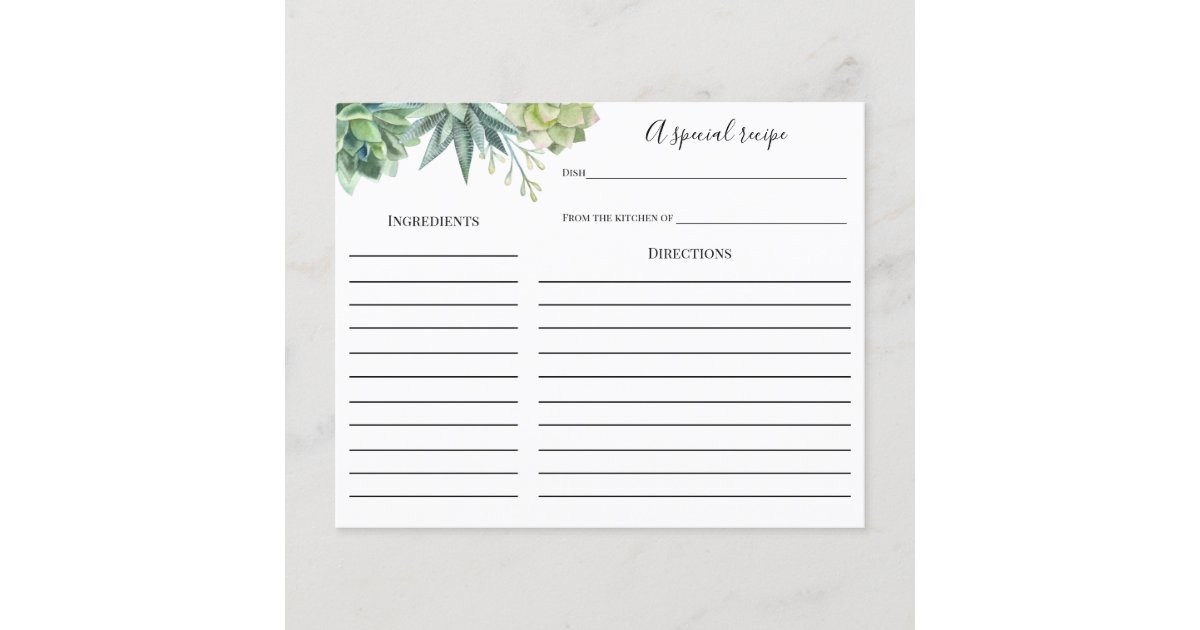 Succulent Bridal Shower Recipe card | Zazzle