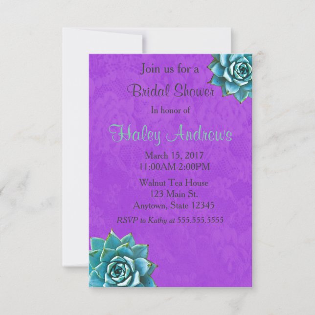 Succulent Bridal Shower Watercolor Purple Lace Invitation (Front)
