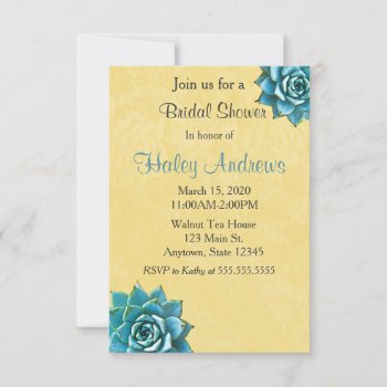 Succulent Bridal Shower Watercolor Yellow Lace Invitation by Mistflower at Zazzle