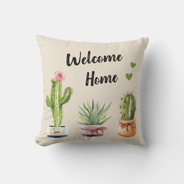 Succulent Cacti Green Cactus Gardener Welcome Home Throw Pillow (Front)