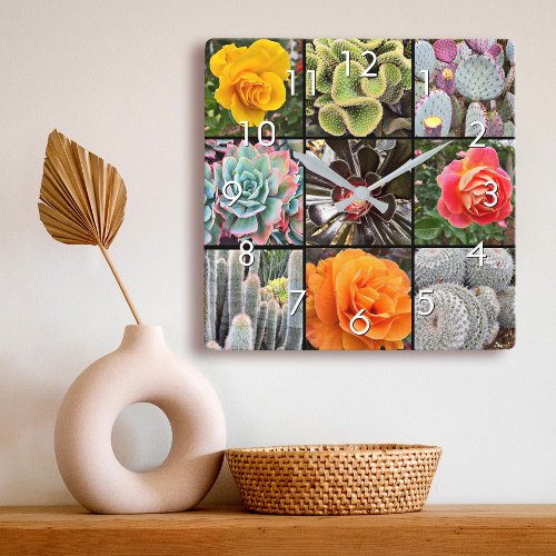 Succulent cacti roses flower collage photo stylish square wall clock