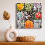 Succulent cacti roses flower collage photo stylish square wall clock<br><div class="desc">Brilliantly red, yellow, and orange-hued roses and lush green, aqua, and black cacti shout warm, summer days. Enjoy the blossoms and the peaceful atmosphere of a vibrant garden whenever you check the time on this stunning, graphic photography wall clock. Makes a great housewarming gift! You can easily personalize this wall...</div>