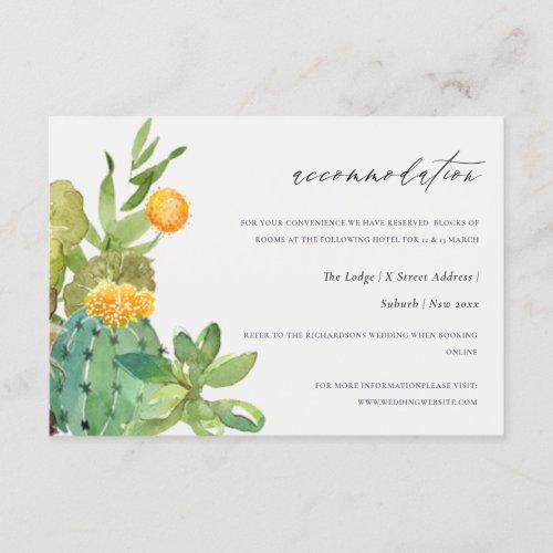 Succulent Cacti Yellow Fauna Wedding Accommodation Enclosure Card