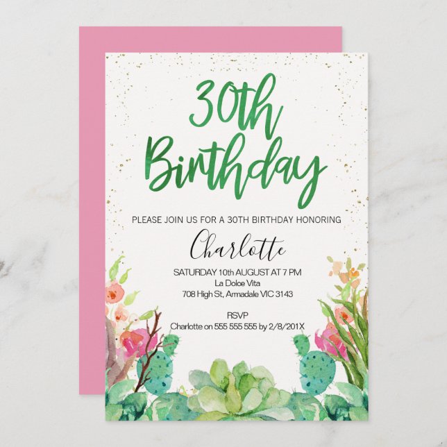 Succulent Cactus 30th Birthday invitation (Front/Back)