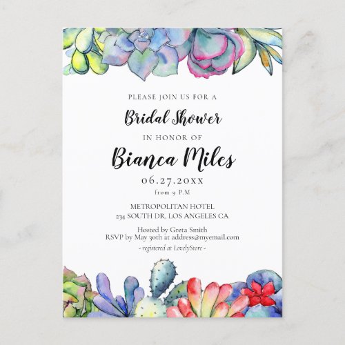 Succulent cactus Bridal shower Invitation Postcard