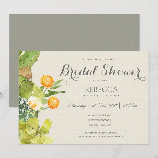 SUCCULENT CACTUS FLORAL GARDEN Bridal Shower Invitation (Front/Back)