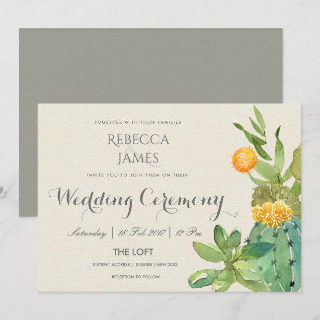 SUCCULENT CACTUS FLORAL GARDEN WEDDING INVITATION (Front/Back)
