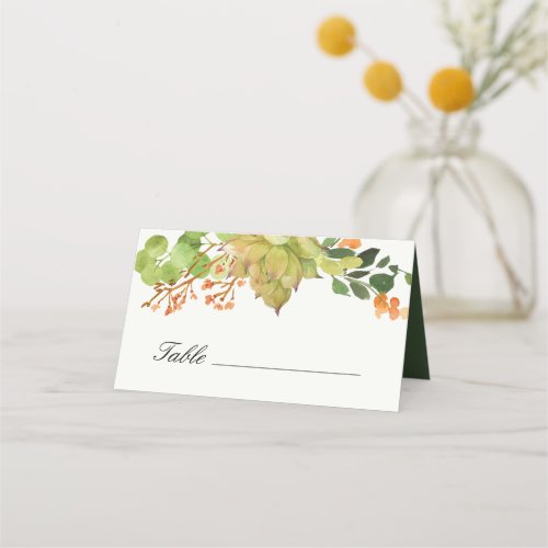 SUCCULENT CACTUS FLORAL ORANGE WATERCOLOR  WEDDING PLACE CARD